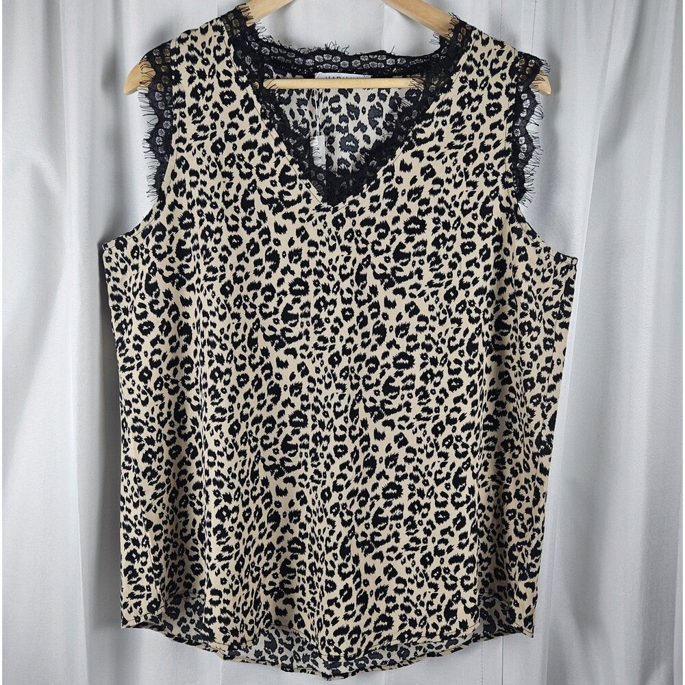 NWT XL Tan/Black Leopard Animal Print V-Neck Sleeveless Lace Trim Blouse Tank